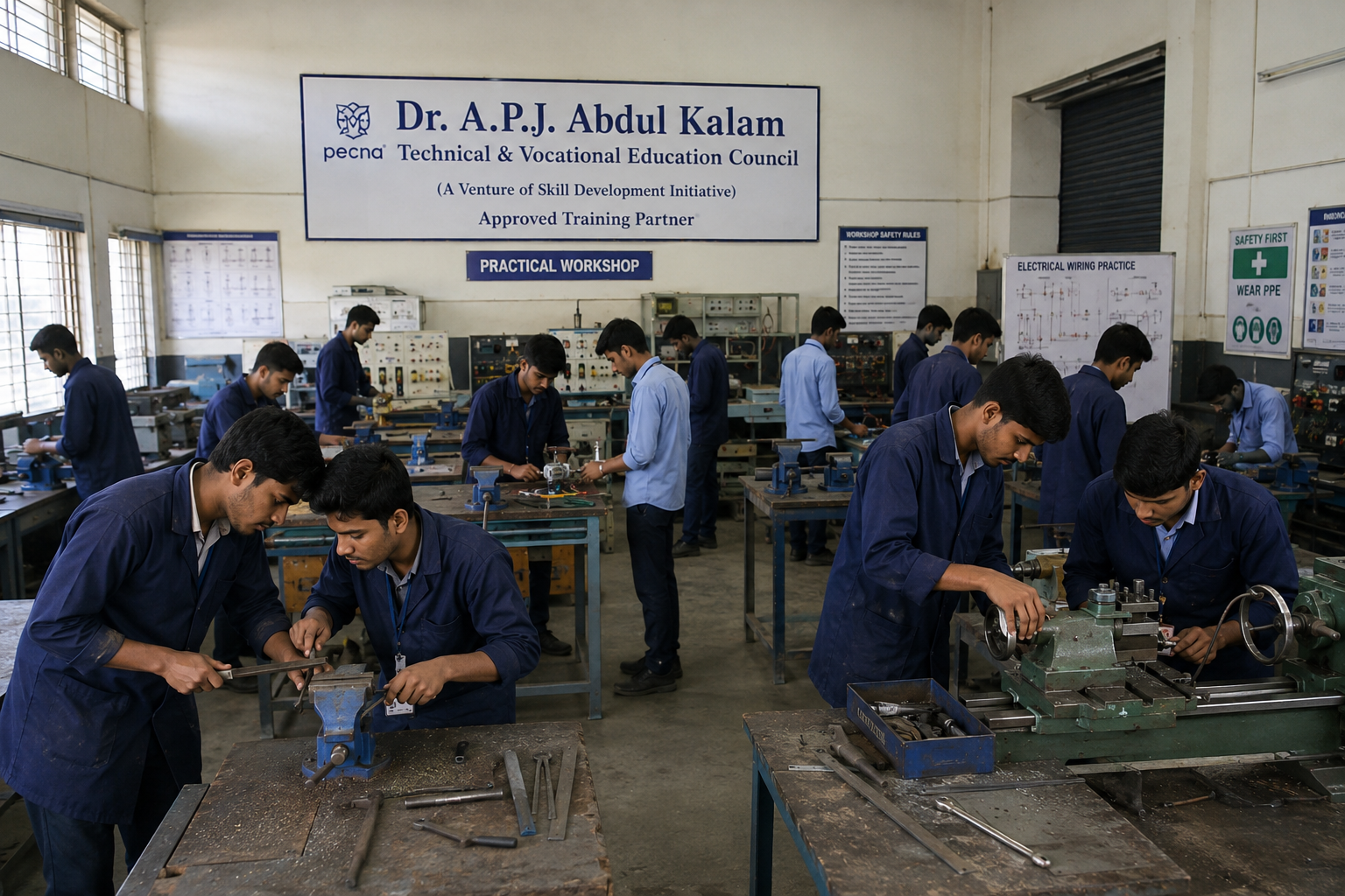 Students working with workshop tools and technical machinery